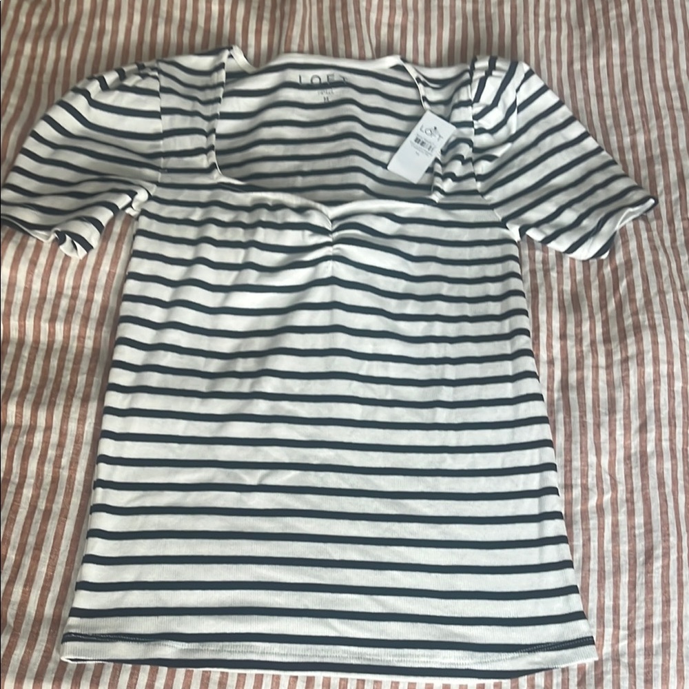 LOFT White and Blue Fitted Ribbed Short Sleeve Tee